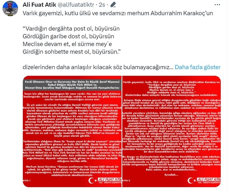 Vali Ali Fuat Atik, Duygulu ve Etkili Bir Veda Mesajı Yayınladı…