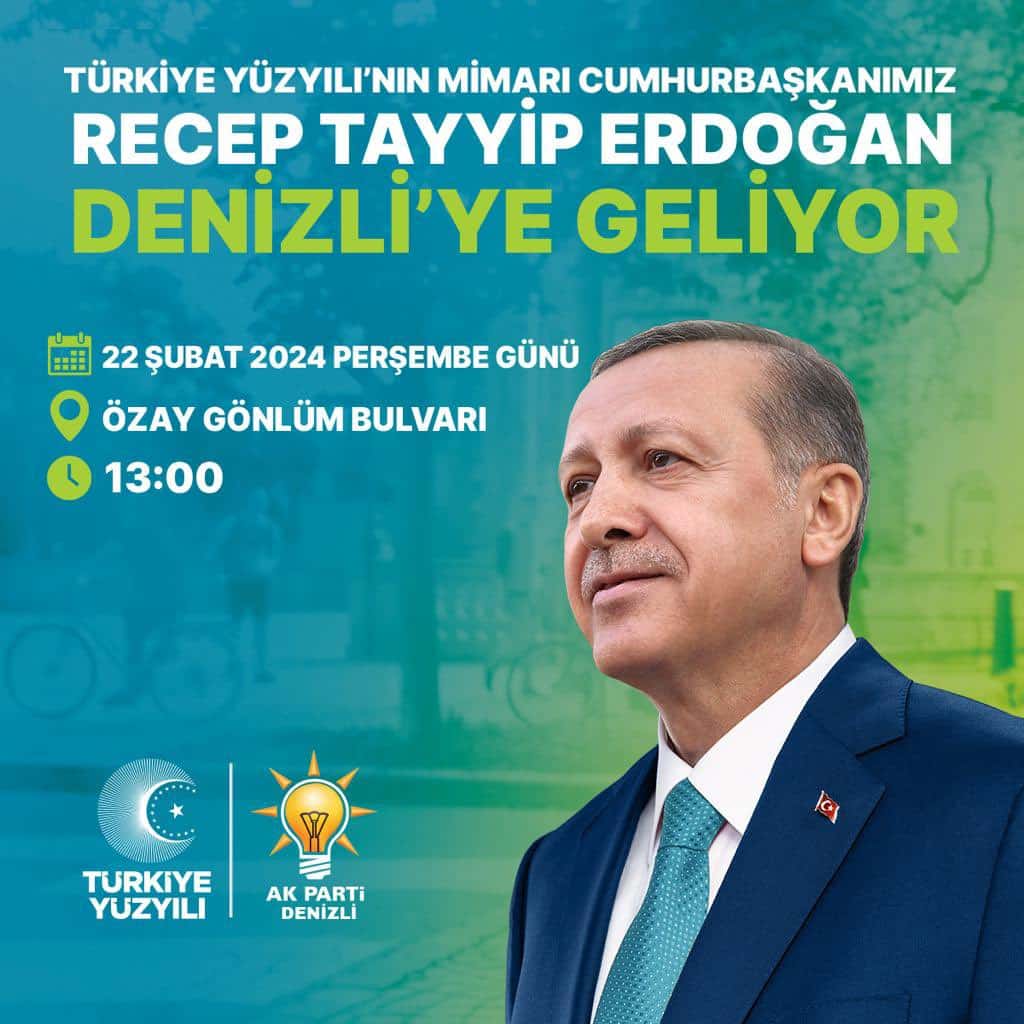Cumhurbaşkanı Recep Tayyip Erdoğan, 22 Şubat 2024 Perşembe günü, Denizlililer ile buluşacak.
AK Parti Denizli İl Başkanı Yücel Güngör tarafından yapılan açıklamada, Cumhurbaşkanı Recep Tayyip Erdoğan'ın Denizli'ye geleceğini açıkladı. Cumhurbaşkanı Recep Tayyip Erdoğan, 22 Şubat 2024 Perşembe günü saat 13:00'da Özay Gönlüm Bulvarı'nda halka hitap edecek. Cumhurbaşkanı Erdoğan'ın Denizli'de çeşitli temaslarda bulunacak.