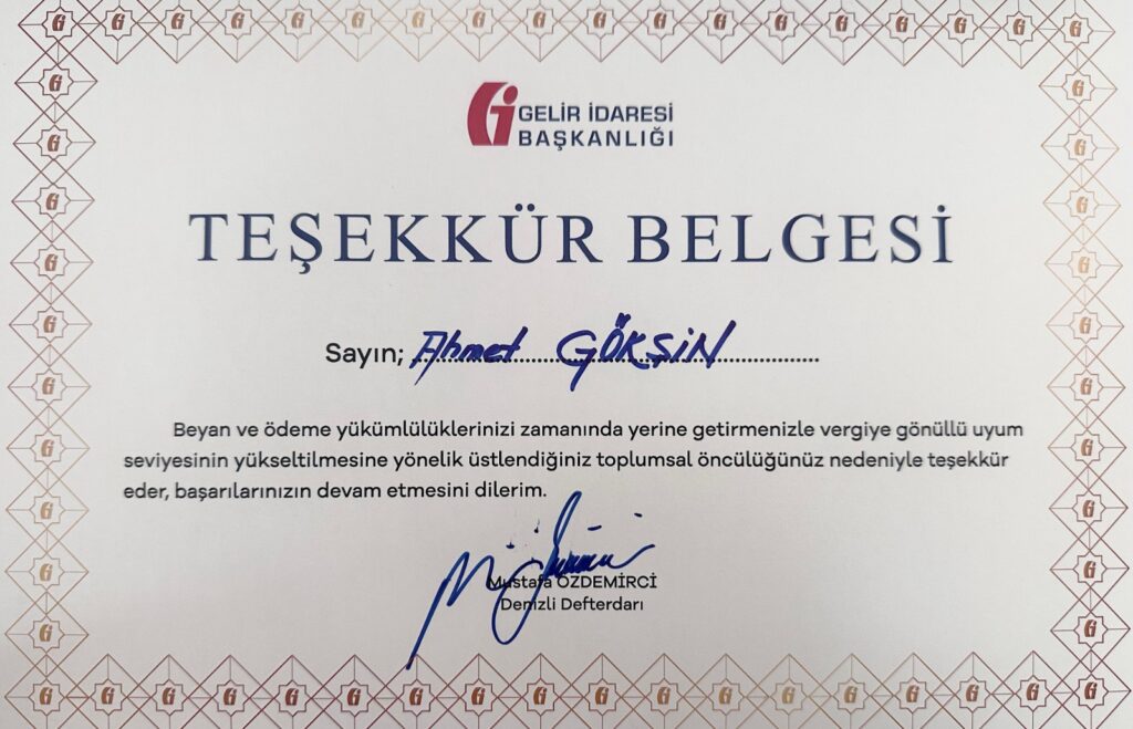 Gökhan Tekstil’in Başkanı Ahmet Gökşin’e Vergi Duyarlılığı Teşekkürü... 