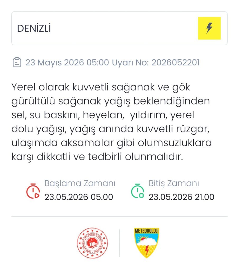 Denizli İçin,  23 Mayıs Günü 'Sarı Alarm' Verildi...