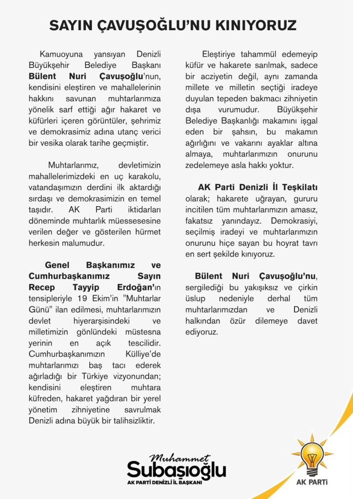 AK Parti Denizli İl Başkanı Subaşıoğlu’ndan Çavuşoğlu’na Sert Tepki