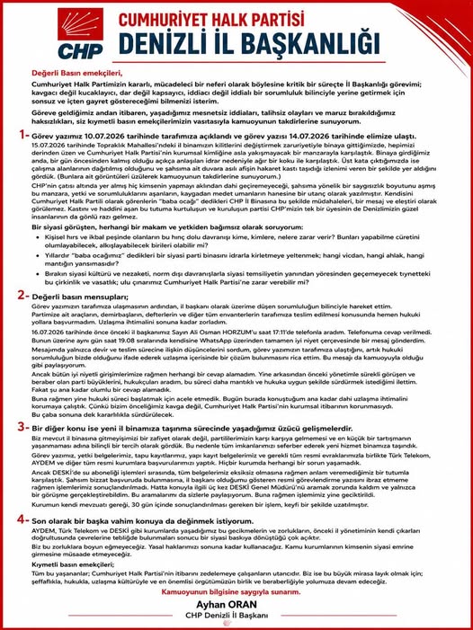 CHP Denizli İl Başkanı Oran: CHP’nin Kurumsal Kimliğine Yakışmayacak Bir Manzara İle Karşı Karşıyayız