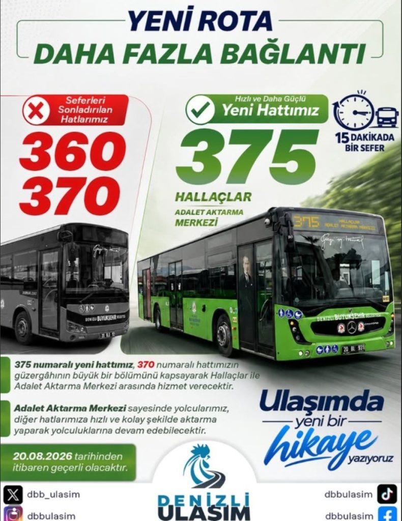 Denizli'de 360 ve 370 Numaralı Otobüsler İptal Edildi, Yeni 375 Hattı Başlıyor