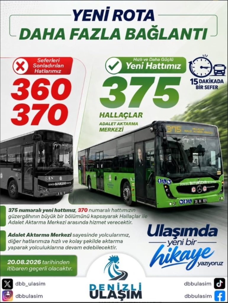 Denizli'de 360 ve 370 Numaralı Otobüsler İptal Edildi, Yeni 375 Hattı Başlıyor
